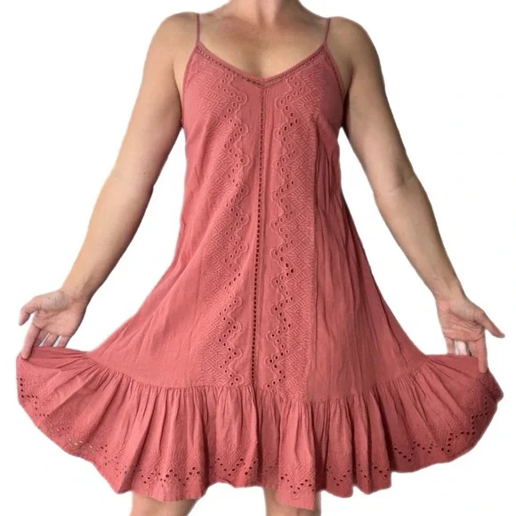 Boho Eyelet Festival Dress S Romantic Cottage Embroidered Earthy Coral Ruffle - Picture 2 of 6
